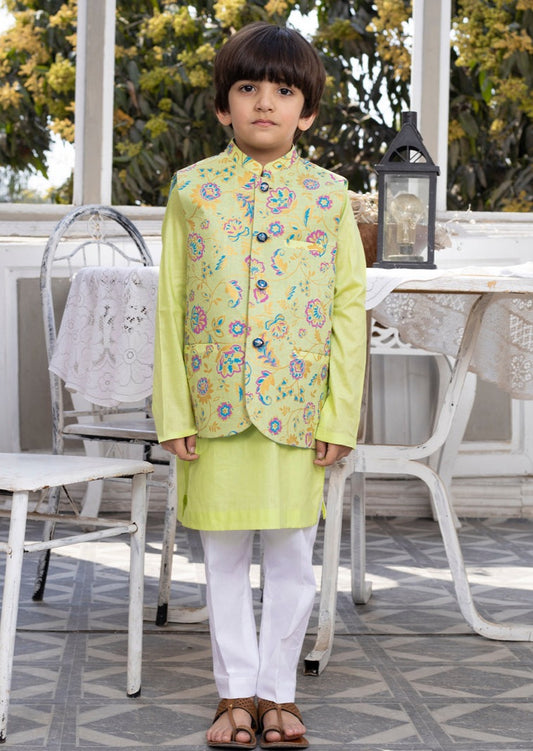 Lemon Green : Boy's Kameez, Shalwar & Waistcoat