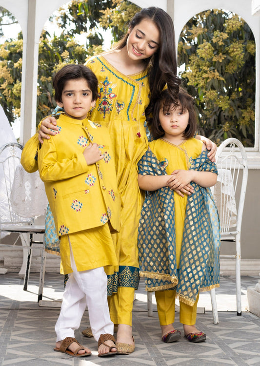 Lemon Yellow -  Boy's Kameez, Shalwar & Waistcoat
