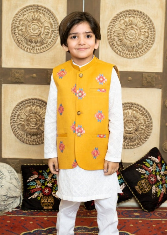 Mustard : Boy's Kameez, Shalwar & Waistcoat