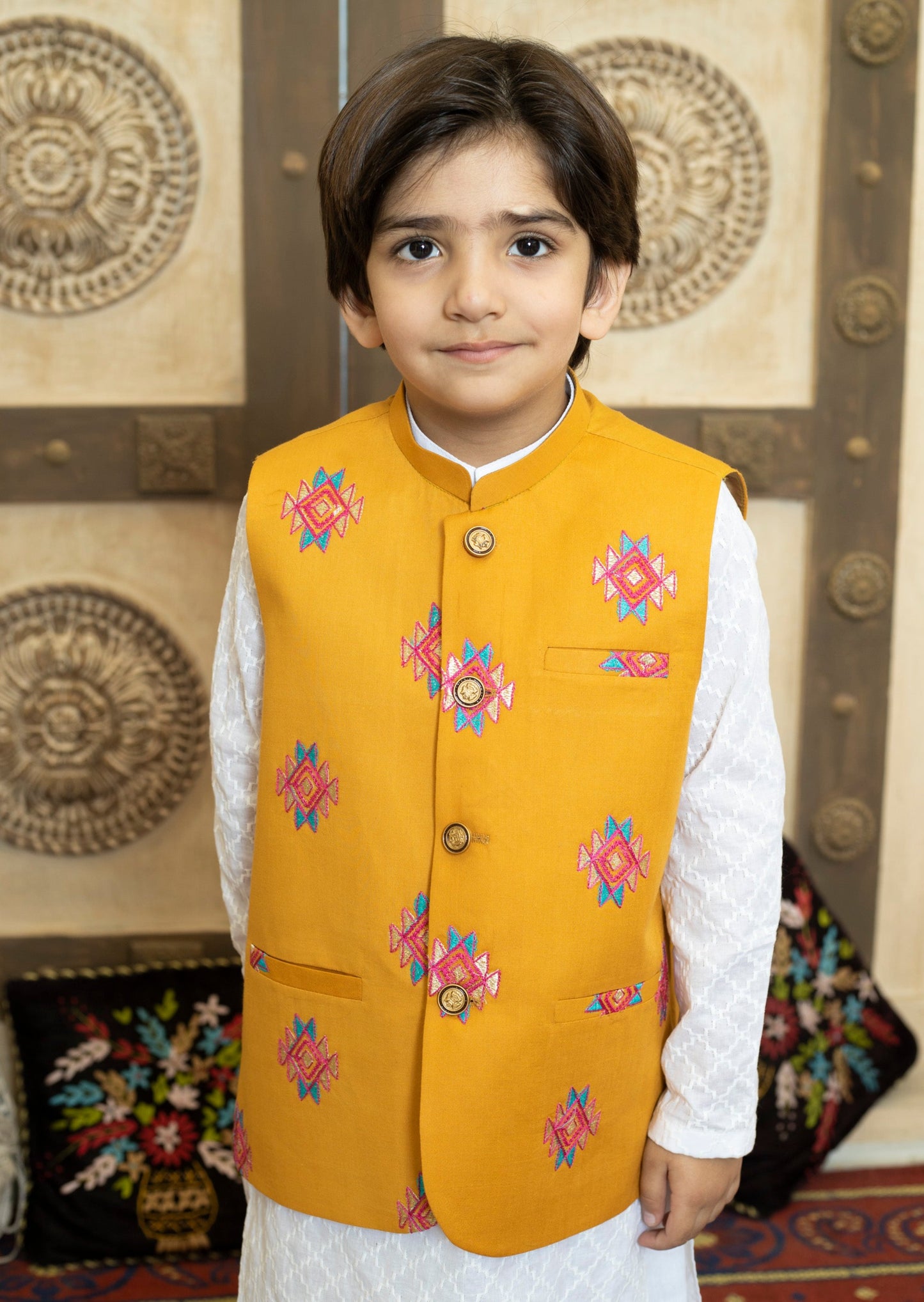 Mustard : Boy's Kameez, Shalwar & Waistcoat