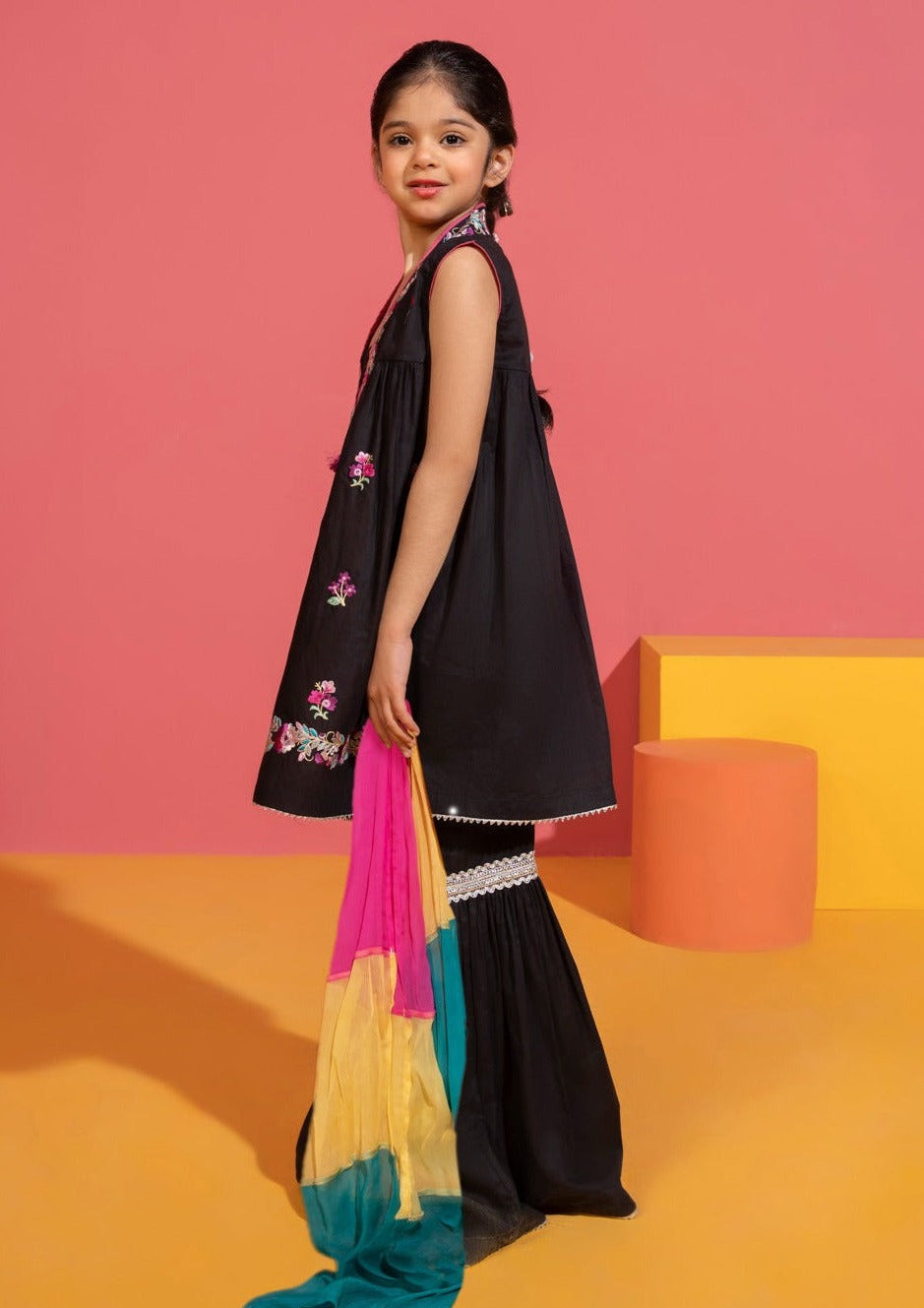Black- Girl's Embroidered Gharara