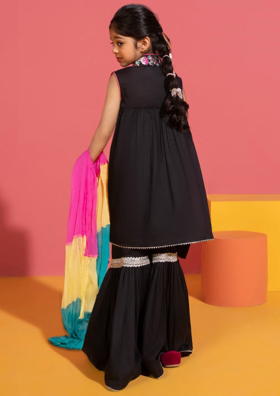 Black- Girl's Embroidered Gharara