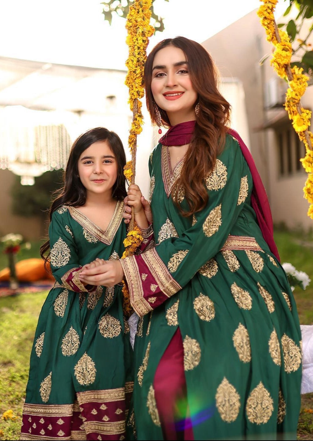 Dark Green & Magenta - Girl's Frock Suit
