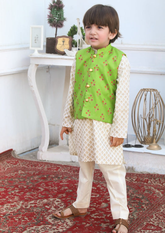 Gold & Parrot Green -  Boy's Kameez, Shalwar & Waistcoat