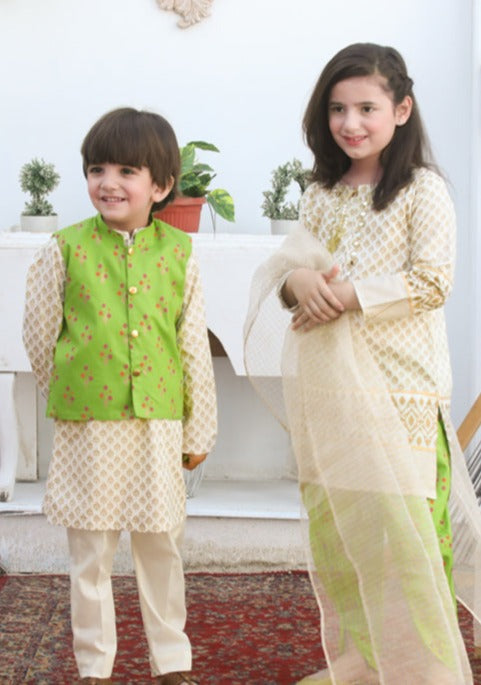 Gold & Parrot Green -  Boy's Kameez, Shalwar & Waistcoat