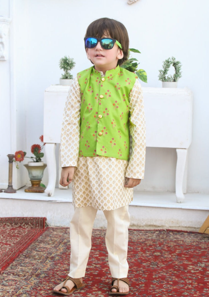 Gold & Parrot Green -  Boy's Kameez, Shalwar & Waistcoat
