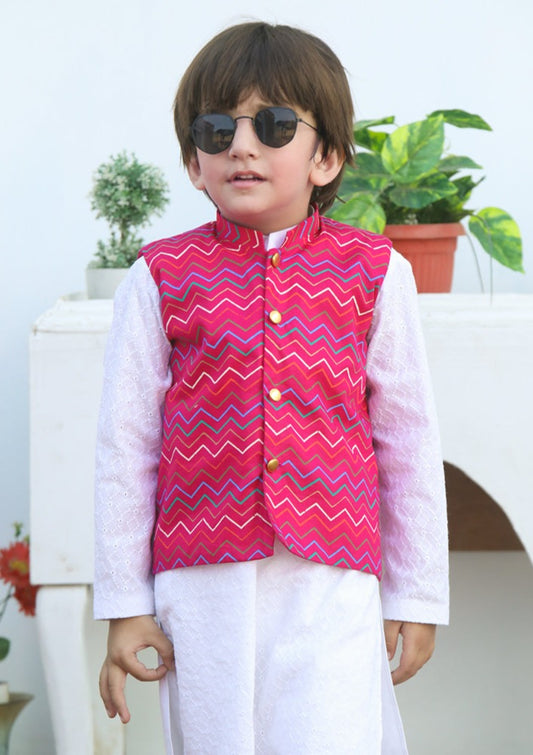Pink & White -  Boy's Kameez, Shalwar & Waistcoat