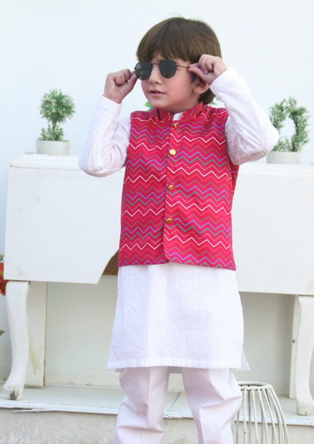 Pink & White -  Boy's Kameez, Shalwar & Waistcoat