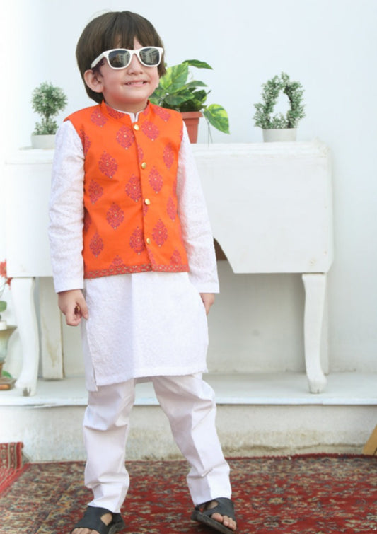 Orange & White -  Boy's Kameez, Shalwar & Waistcoat