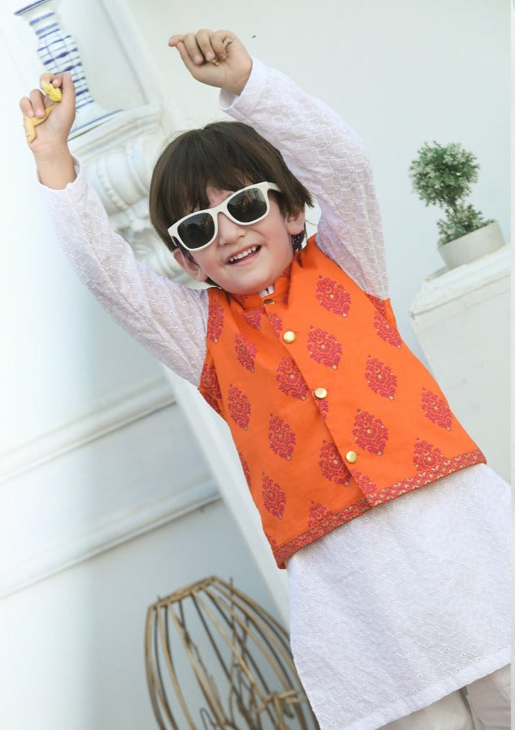 Orange & White -  Boy's Kameez, Shalwar & Waistcoat