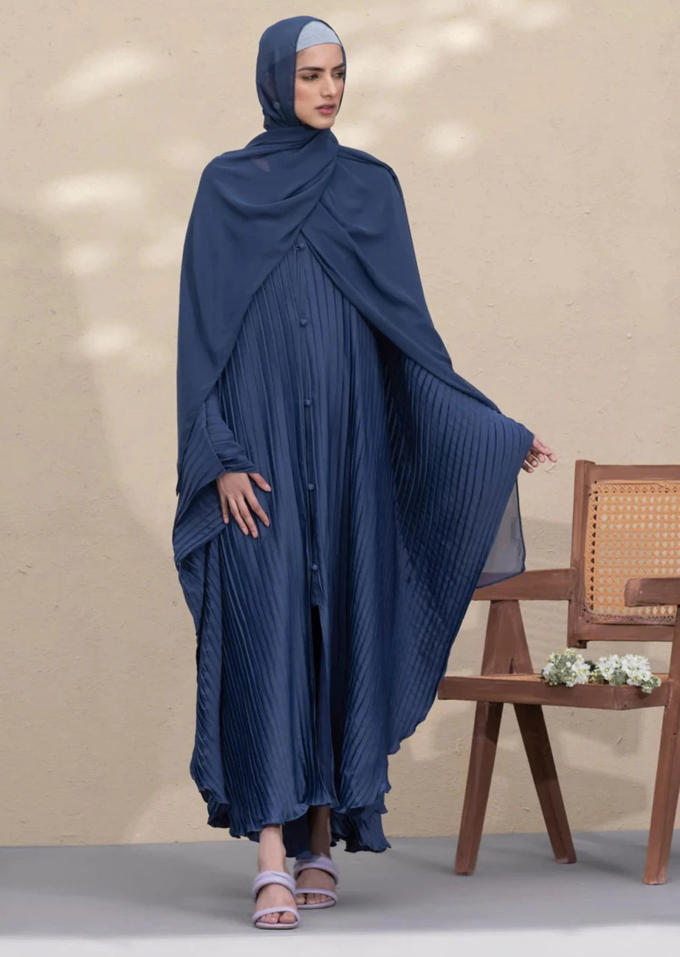 Blue : Pleated Kaftan Abaya & Hijab Set
