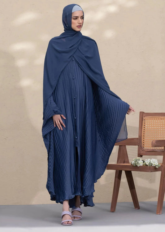 Blue : Pleated Kaftan Abaya & Hijab Set
