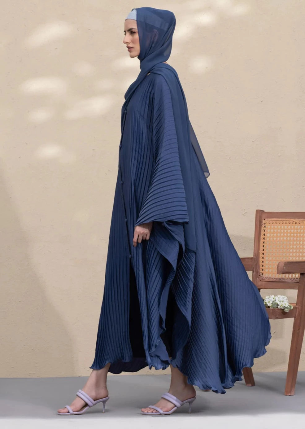 Blue : Pleated Kaftan Abaya & Hijab Set