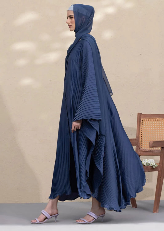 Blue : Pleated Kaftan Abaya & Hijab Set
