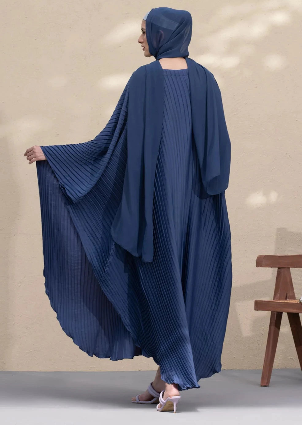 Blue : Pleated Kaftan Abaya & Hijab Set