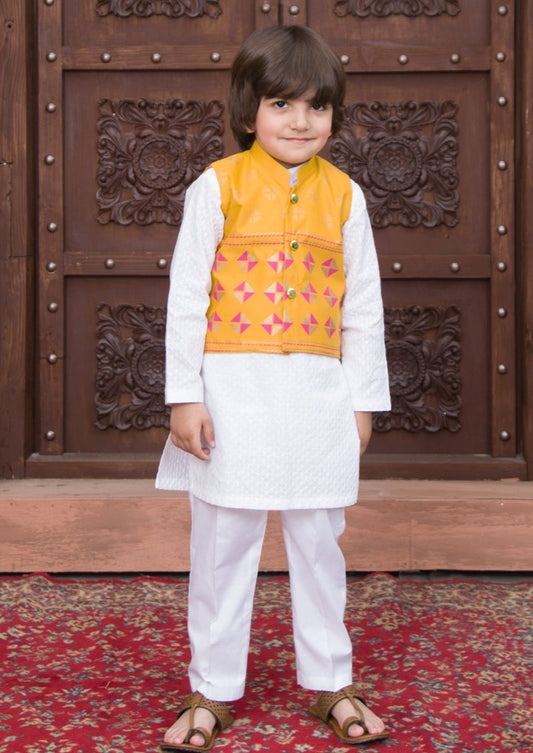 Yellow & White Cotton - 3 Piece Kurta Shalwar