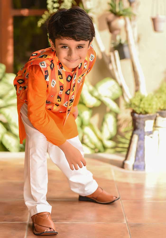 Orange Cotton 3-Piece Kurta Shalwar