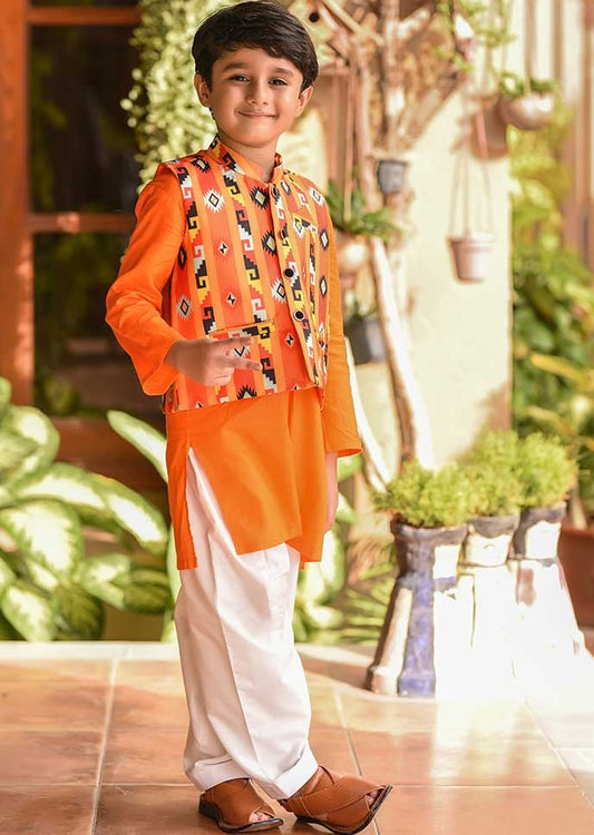 Orange Cotton 3-Piece Kurta Shalwar