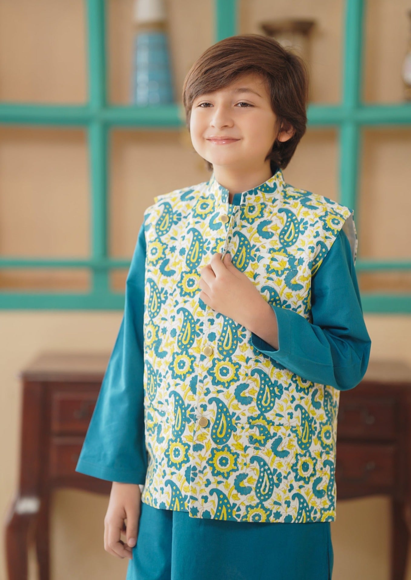Teal Green - Boy's Kameez, Shalwar & Waistcoat
