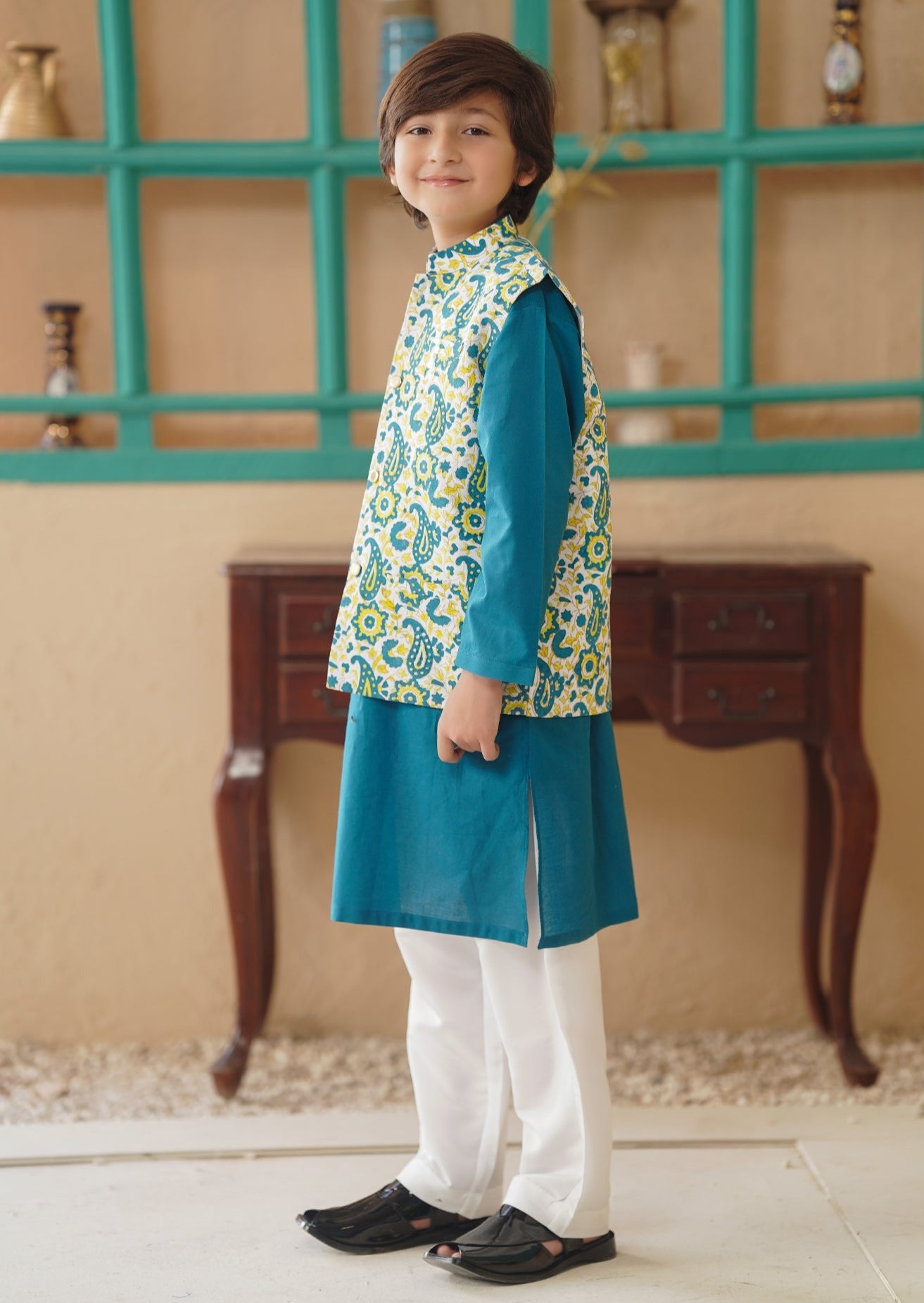Teal Green - Boy's Kameez, Shalwar & Waistcoat
