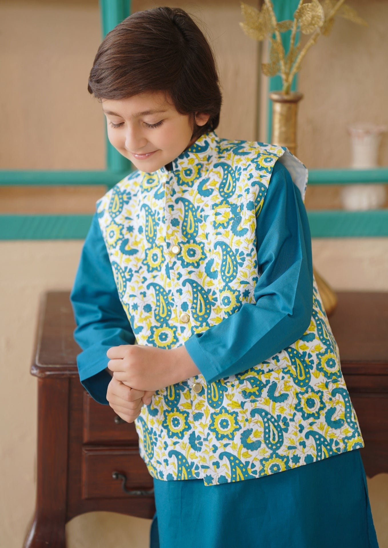 Teal Green - Boy's Kameez, Shalwar & Waistcoat