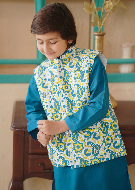 Teal Green - Boy's Kameez, Shalwar & Waistcoat