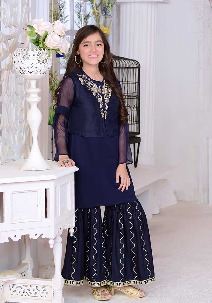 Navy Blue Gharara- 2 Piece Embroidered Suit