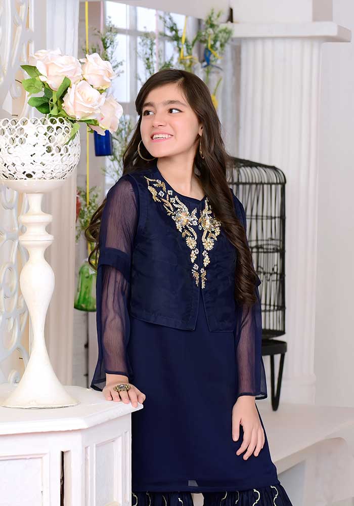 Navy Blue Gharara- 2 Piece Embroidered Suit