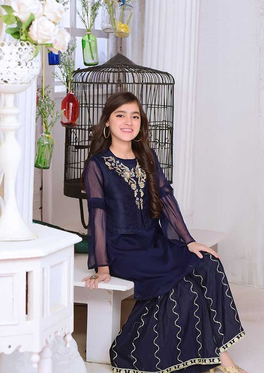 Navy Blue Gharara- 2 Piece Embroidered Suit