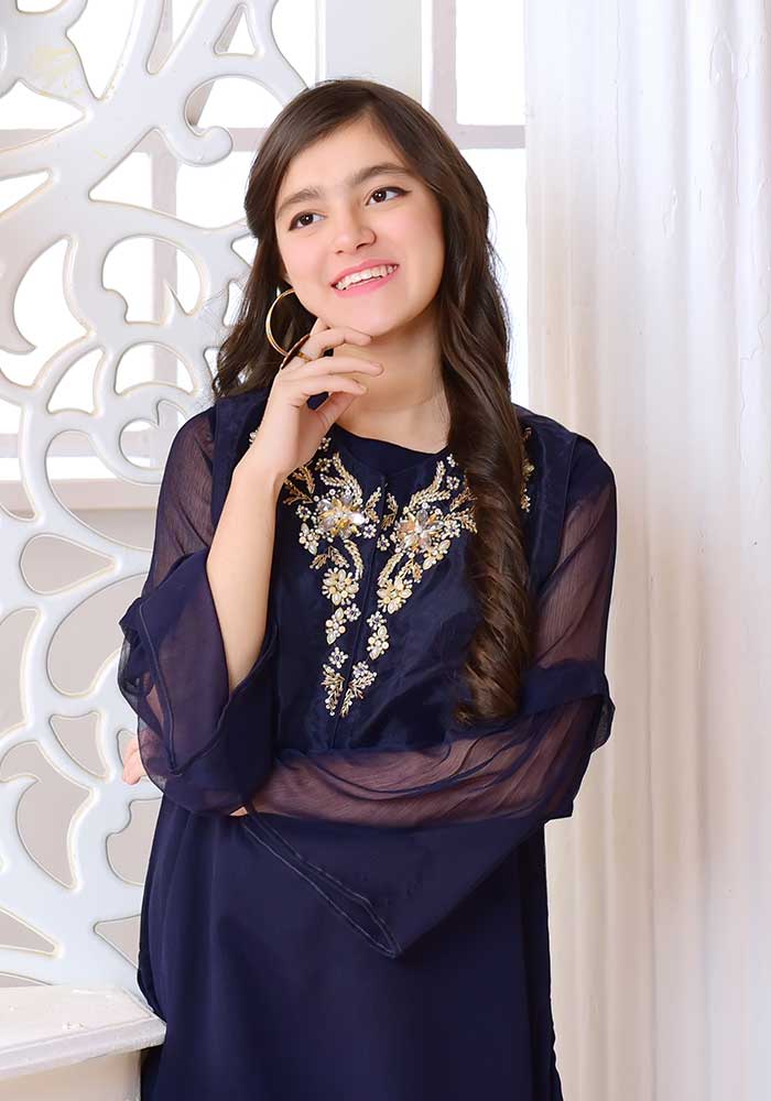 Navy Blue Gharara- 2 Piece Embroidered Suit