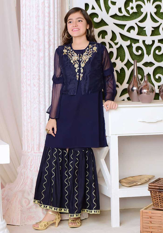 Navy Blue Gharara- 2 Piece Embroidered Suit