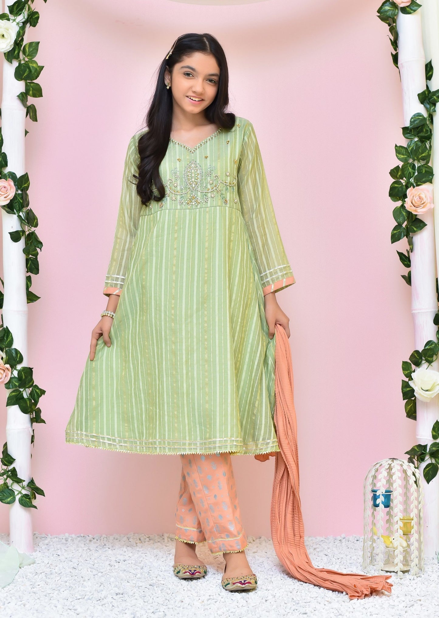 Green & Peach - Girl's Dress