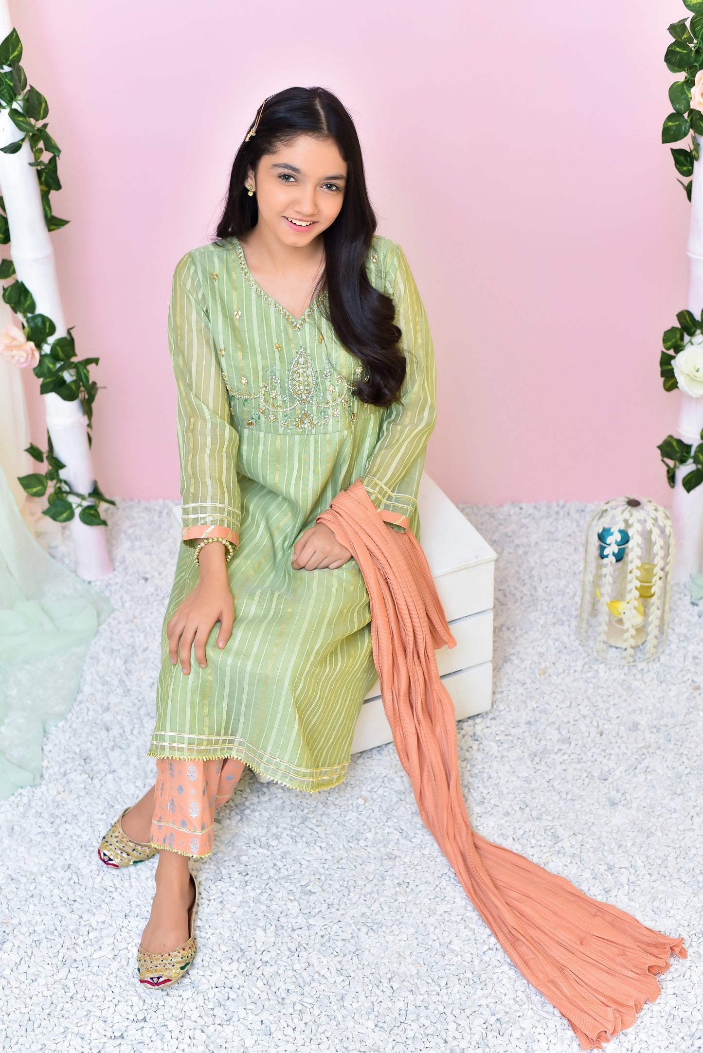 Green & Peach - Girl's Dress