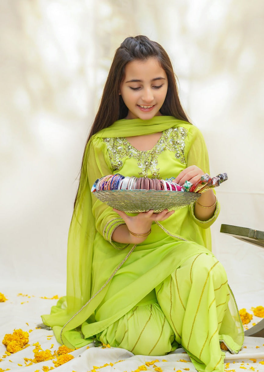Lime Green - Girl's Gharara Dress