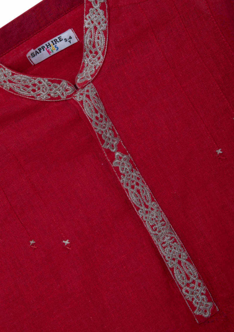 Embroidered Kurta Shalwar : Red & Offwhite