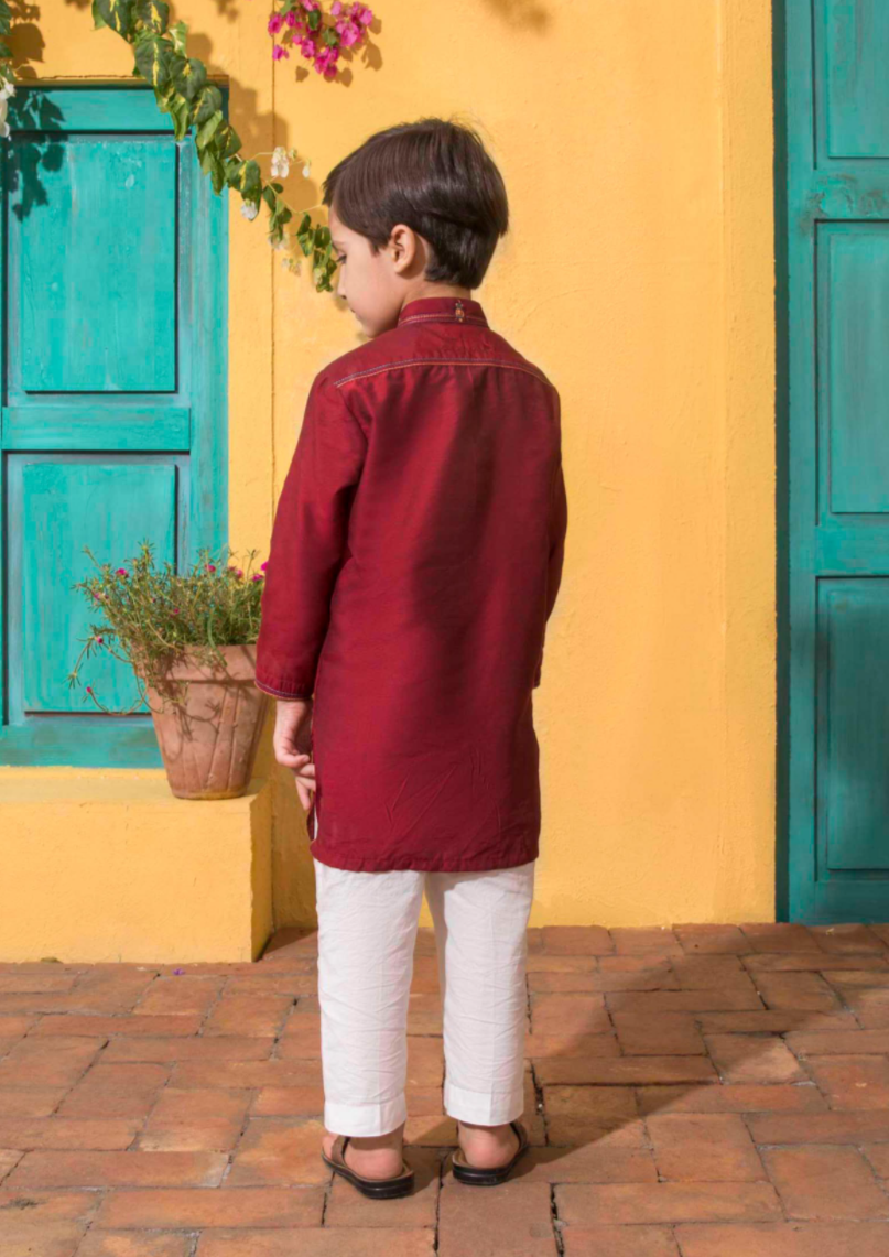 Embroidered Kurta Shalwar : Maroon & offwhite