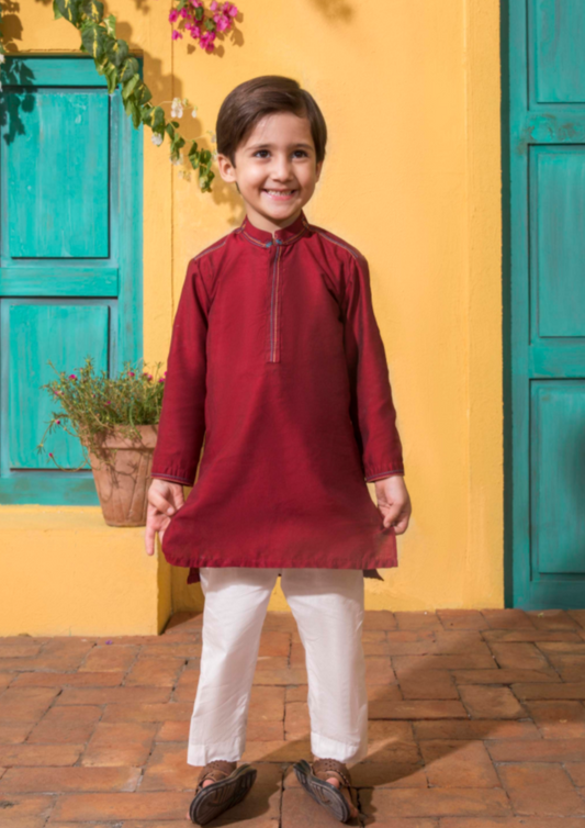 Embroidered Kurta Shalwar : Maroon & offwhite