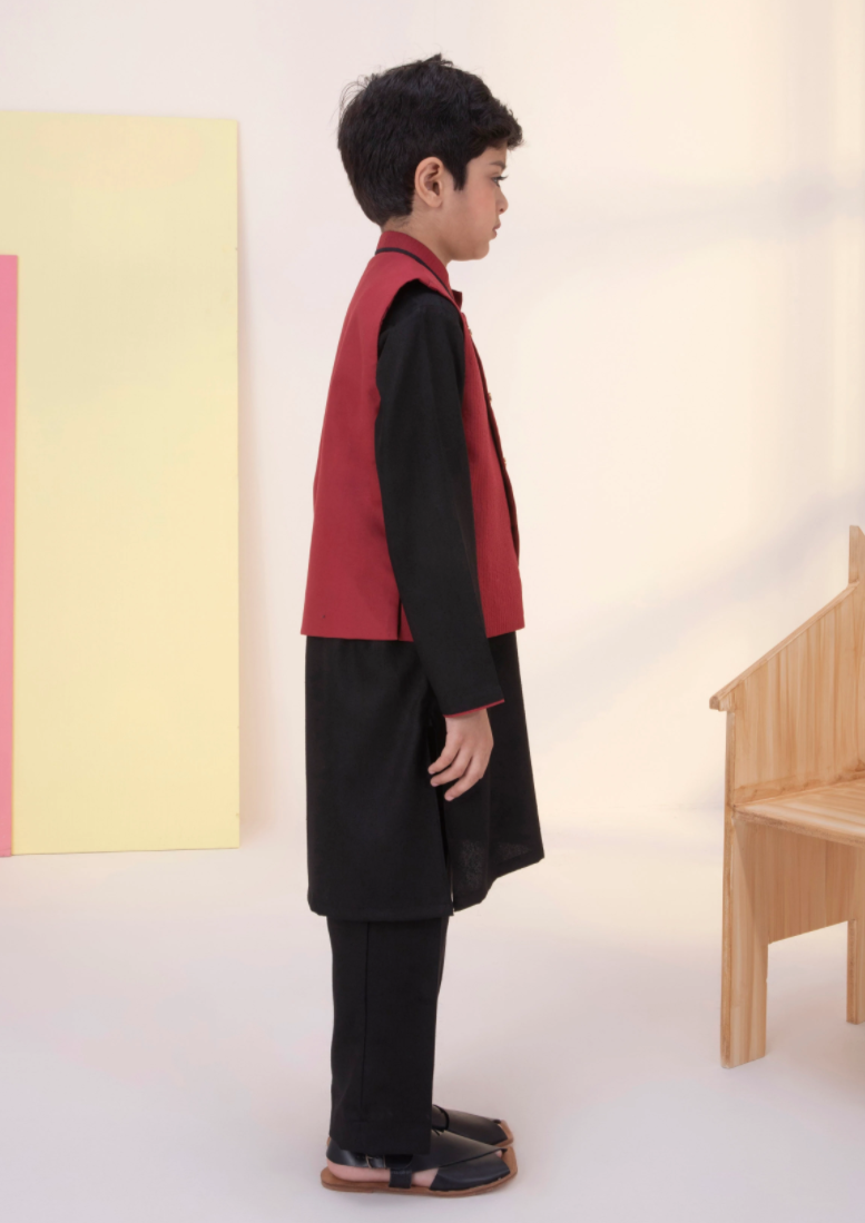 Boys Embroidered Kurta Shalwar and waistcoat :Black