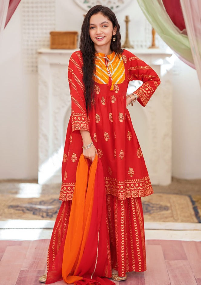 Red & Orange - Girl's Gharara Dress