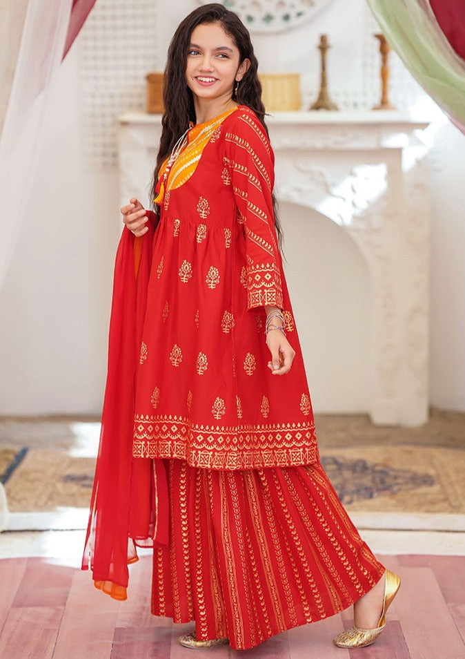 Red & Orange - Girl's Gharara Dress