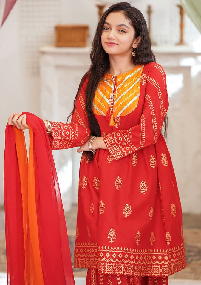 Red & Orange - Girl's Gharara Dress