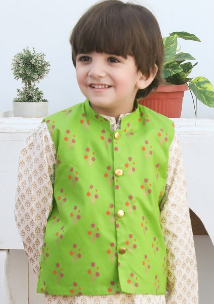 Gold & Parrot Green -  Boy's Kameez, Shalwar & Waistcoat