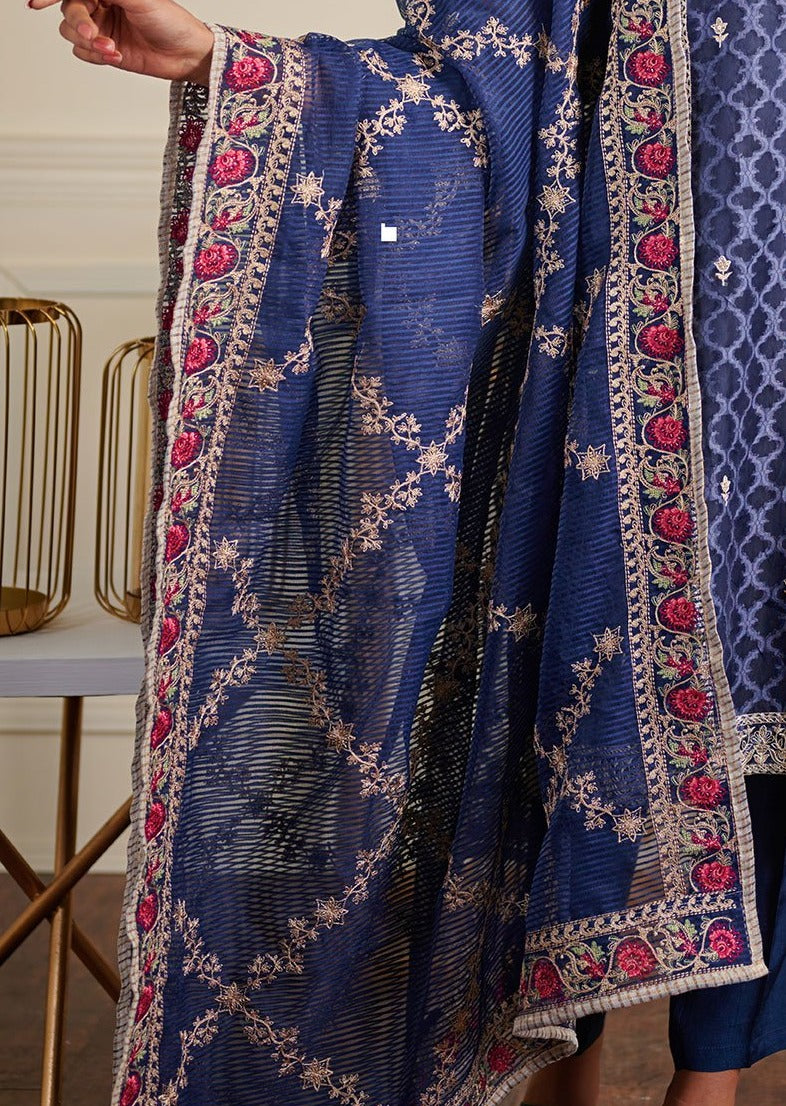 Blue Embroidered Organza Dupatta