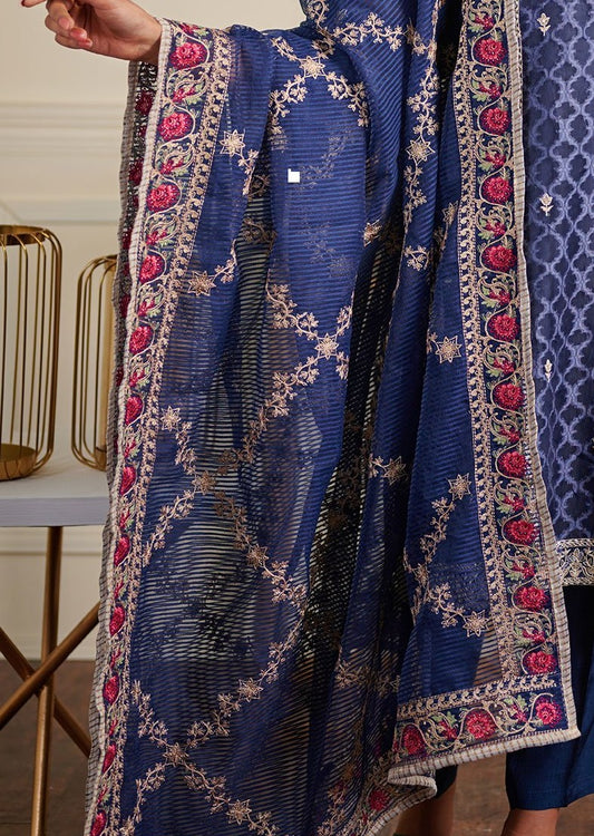Blue Embroidered Organza Dupatta