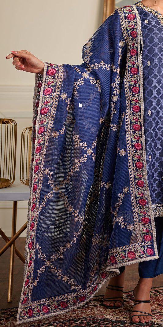Blue Embroidered Organza Dupatta