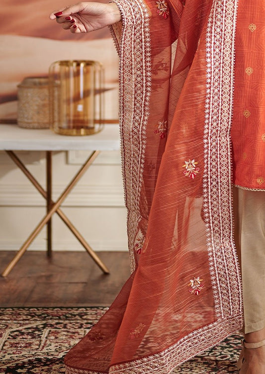 Rust Embroidered Organza Dupatta