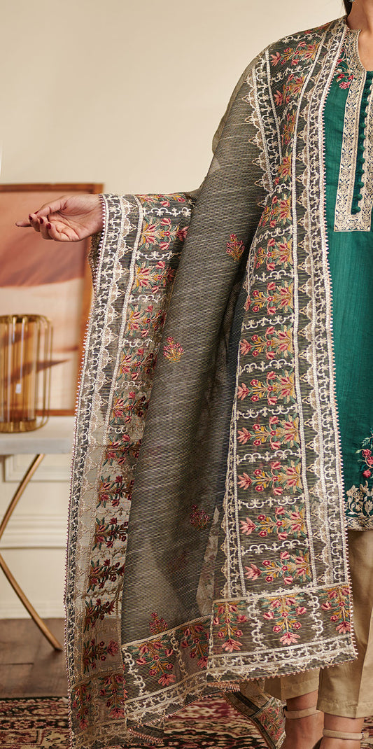 Grey Embroidered Organza Dupatta