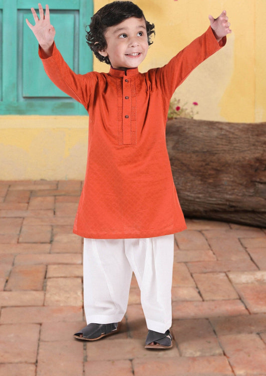 Boy's Embroidered Kurta : Rust