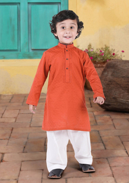 Boy's Embroidered Kurta : Rust