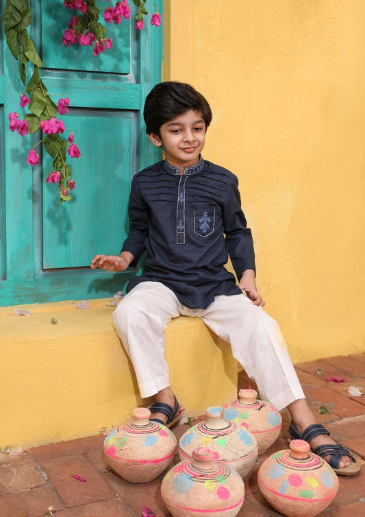 Boy's Embroidered Kurta : Navy Blue